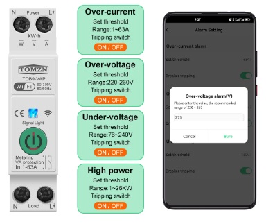 TOMZN-INTERRUPTOR INTELIGENTE CON WIFI, MEDIDOR DE ENERGÍA, MONITOREO DE KWH, TEMPORIZADOR, RELÉ MCB, TUYA, SMARTLIFE, PROTECCIÓN DE CORRIENTE DE VOLTAJE, 63A, 1P + N - Imagen 3
