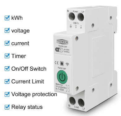TOMZN-INTERRUPTOR INTELIGENTE CON WIFI, MEDIDOR DE ENERGÍA, MONITOREO DE KWH, TEMPORIZADOR, RELÉ MCB, TUYA, SMARTLIFE, PROTECCIÓN DE CORRIENTE DE VOLTAJE, 63A, 1P + N